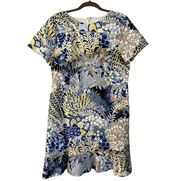 Talbots Botanical Garden Floral Print Flounce Hem Dress 14 P Blue Yellow Sheath - Picture 1 of 8